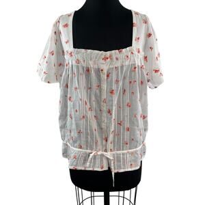 TROVITA White Orange Peasant Top Embroidered Floral Square Neck Size Large L